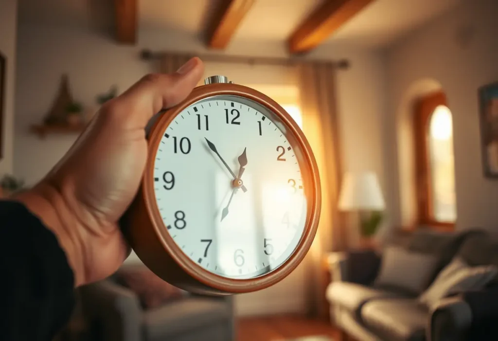 Une main tenant une horloge en bois dans une pièce accueillante, lumière naturelle chaude