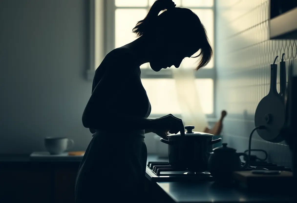 Silhouette de femme dans une cuisine, préparant un repas, entourée d'ustensiles ménagers simples, lumière tamisée