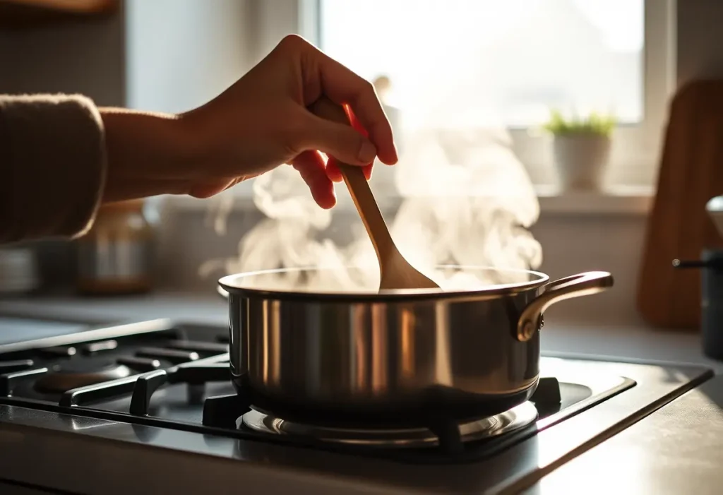 Une main tenant une cuillère en bois au-dessus d'une marmite sur une cuisinière, symbolisant l'attention romantique