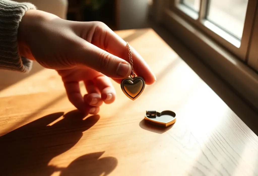 Une main tenant un petit médaillon en forme de cœur sur une table en bois, lumière naturelle du matin