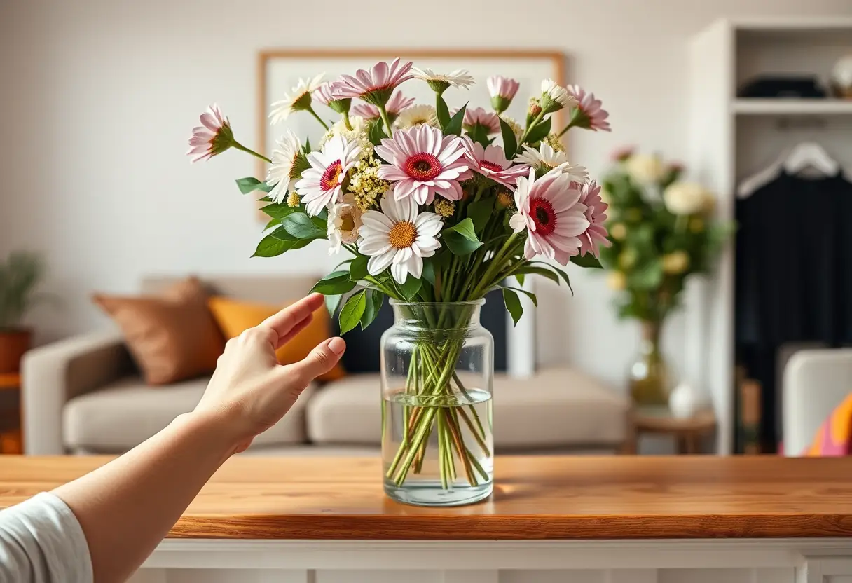 Des mains arrangeant des fleurs fraîches dans un vase en verre transparent sur une cheminée, représentation de petits gestes attentifs