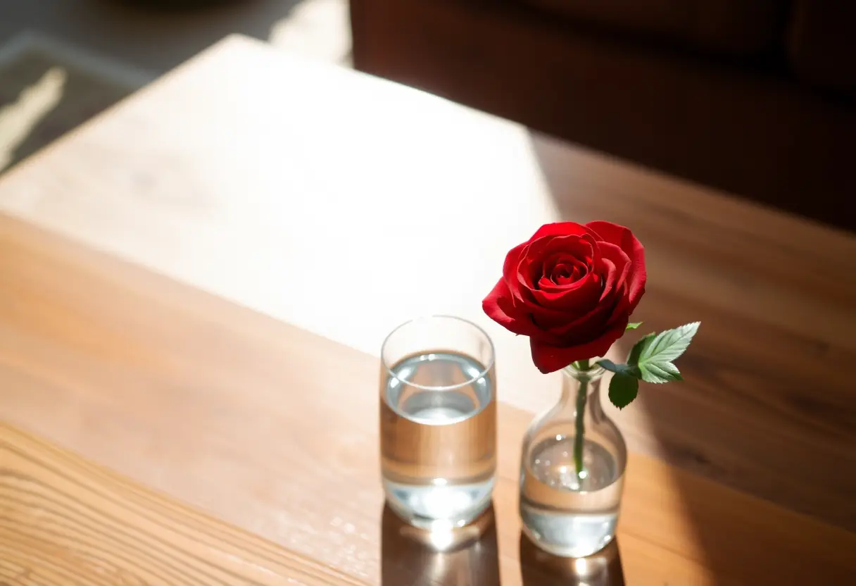 Un guéridon en bois avec une rose rouge dans un vase transparent, illustrant la tendresse quotidienne