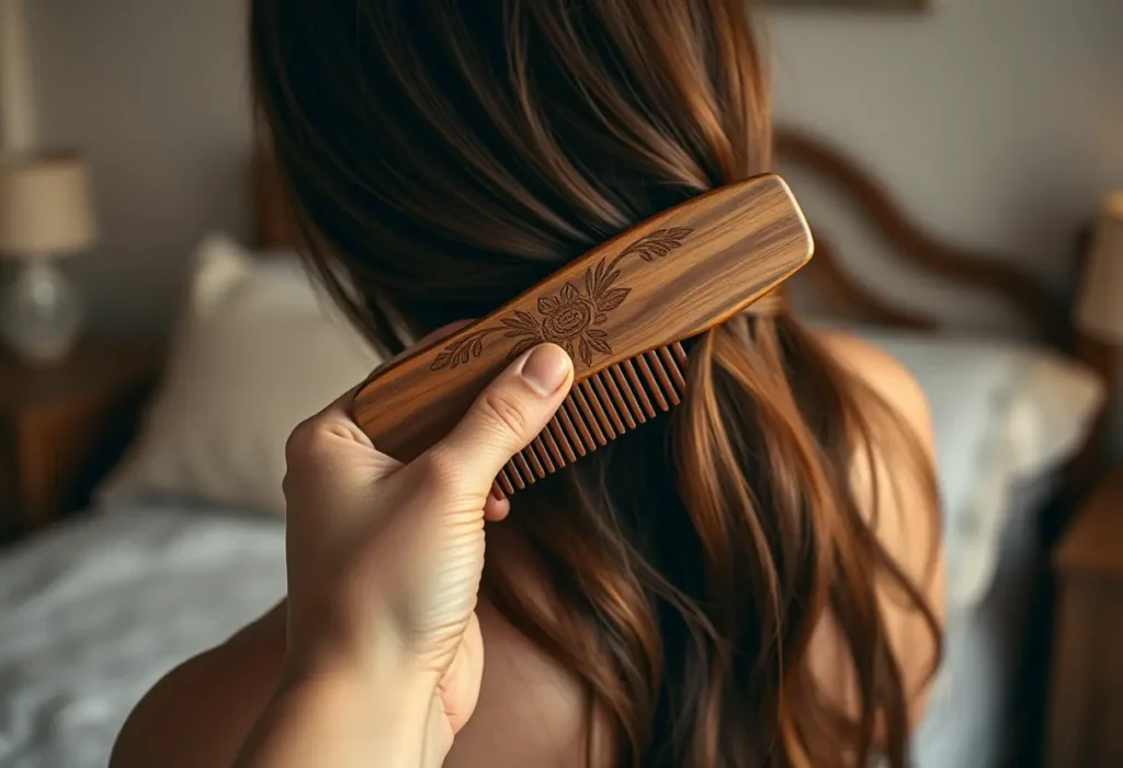 Une main tenant une brosse en bois sculptée, caressant doucement les cheveux, dans une atmosphère romantique et chaleureuse