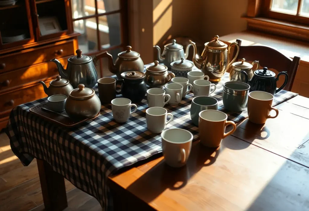 Un plateau couvert d’une nappe à carreaux présentant différentes tasses et sets de thé