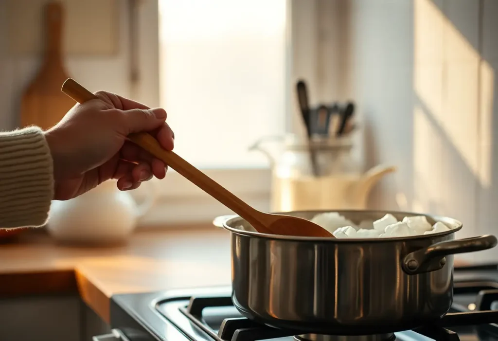 Une main tenant une cuillère en bois au-dessus d'une casserole, symbolisant l'affection et la tendresse
