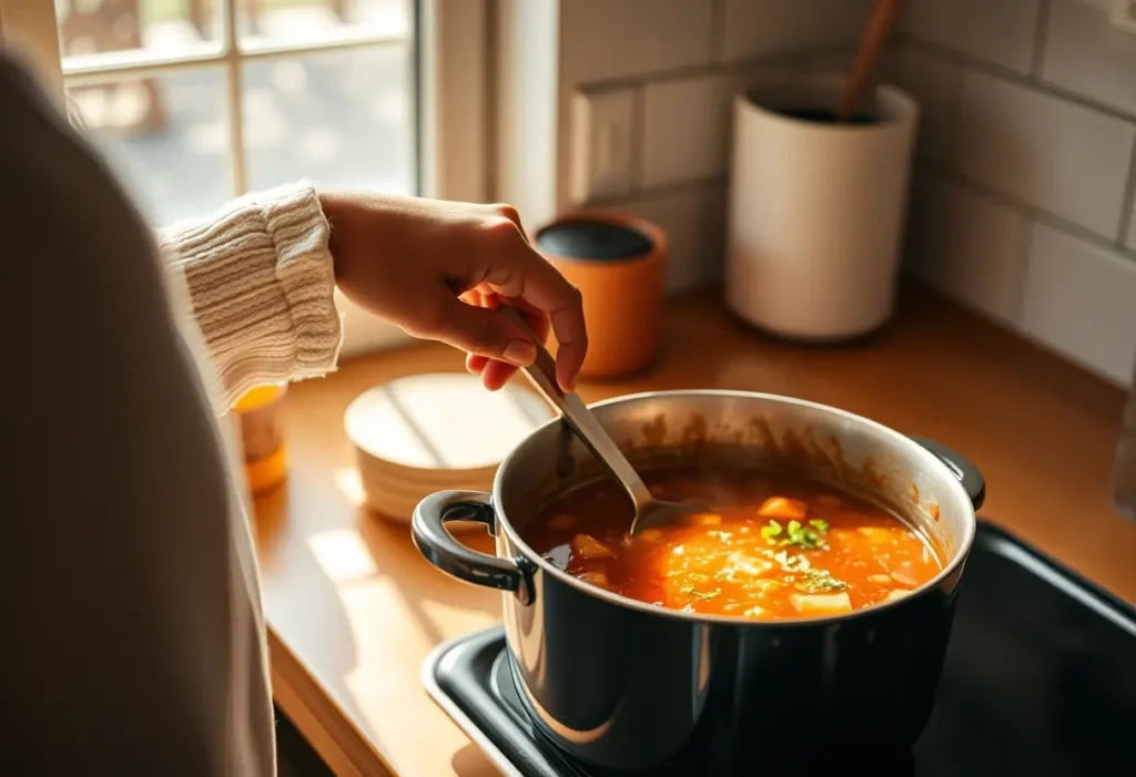 Une main préparant une soupe dans une cuisine, symbolisant l'attention et la tendresse.