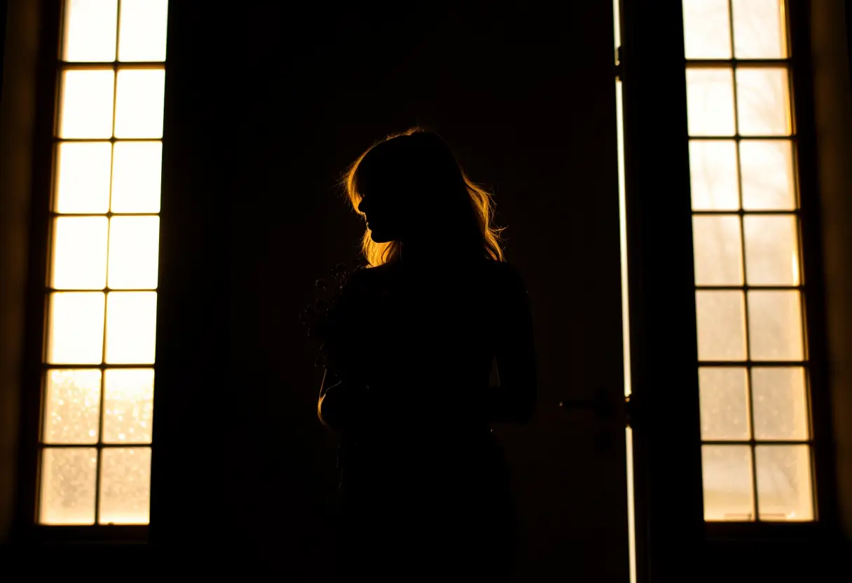 Un silhouetté tenant une brassée de fleurs sauvages, représentant les petites attentions romantiques.