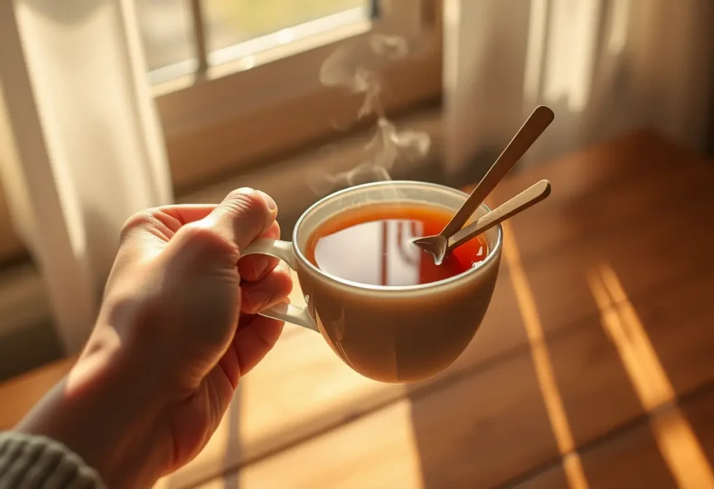 Une main tenant une tasse de thé fumant, éclairée par la lumière du soleil. L'atmosphère chaleureuse rappelle l'importance de l'attention dans les relations.