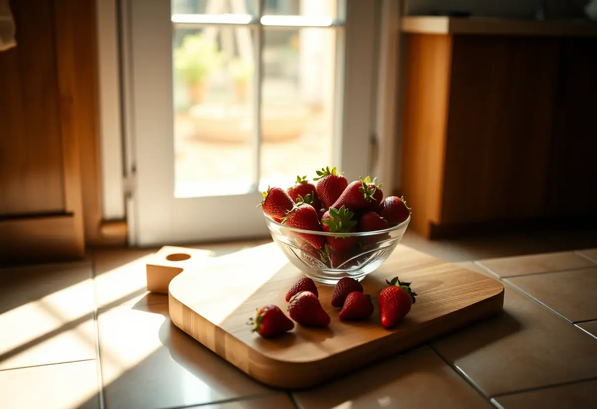 Sur un plan de travail en bois, un bol de fraises fraîches éclairé par la lumière naturelle. Ces fruits symbolisent la joie des petits plaisirs et des gestes attentionnés.