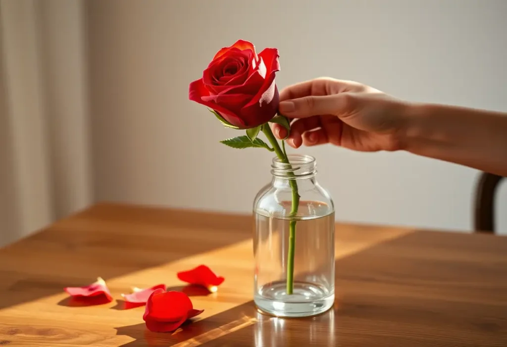Une main féminine pose délicatement une rose rouge dans un vase en verre sur une table en bois, lumière du matin.