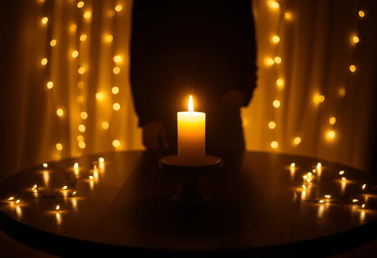 Un profil flou se tient près d'une bougie vacillante sur une table ronde en bois, entourée de lumières douces, ambience romantique.
