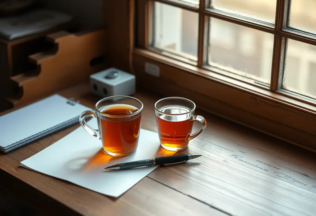Un bureau en bois avec une tasse de thé et un stylo, baigné de lumière chaude