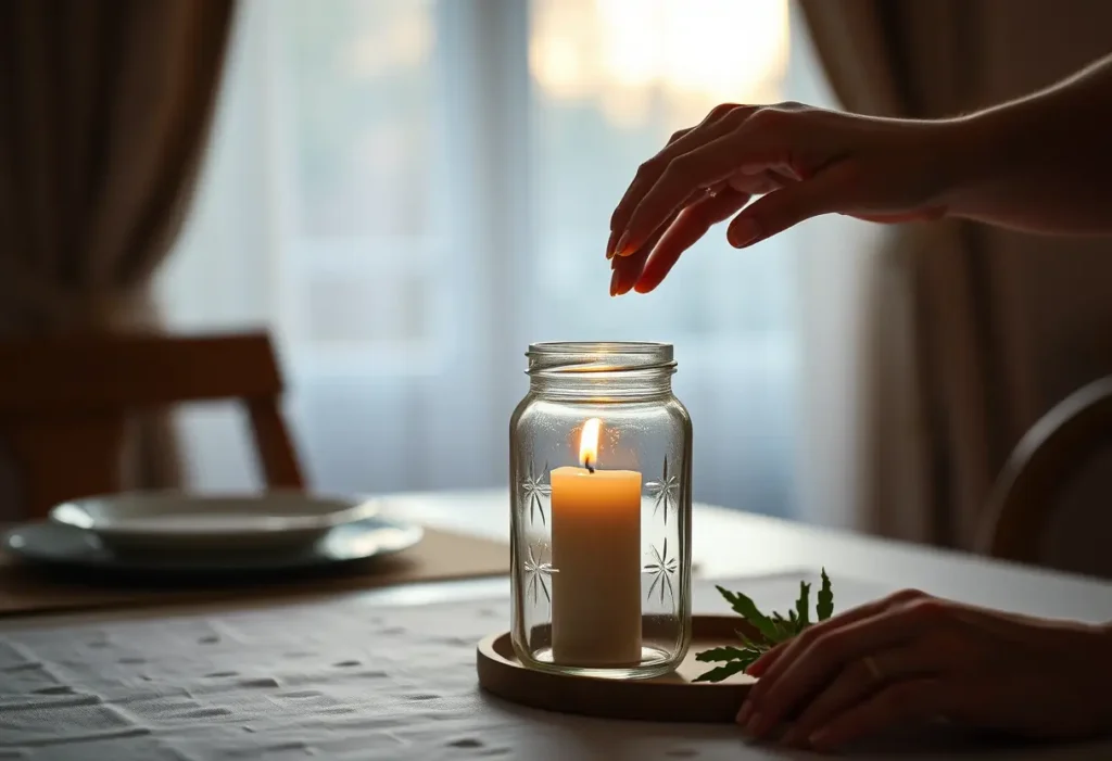 Une main féminine pose délicatement une bougie allumée dans un bocal de verre sur une table, lumière du soir.