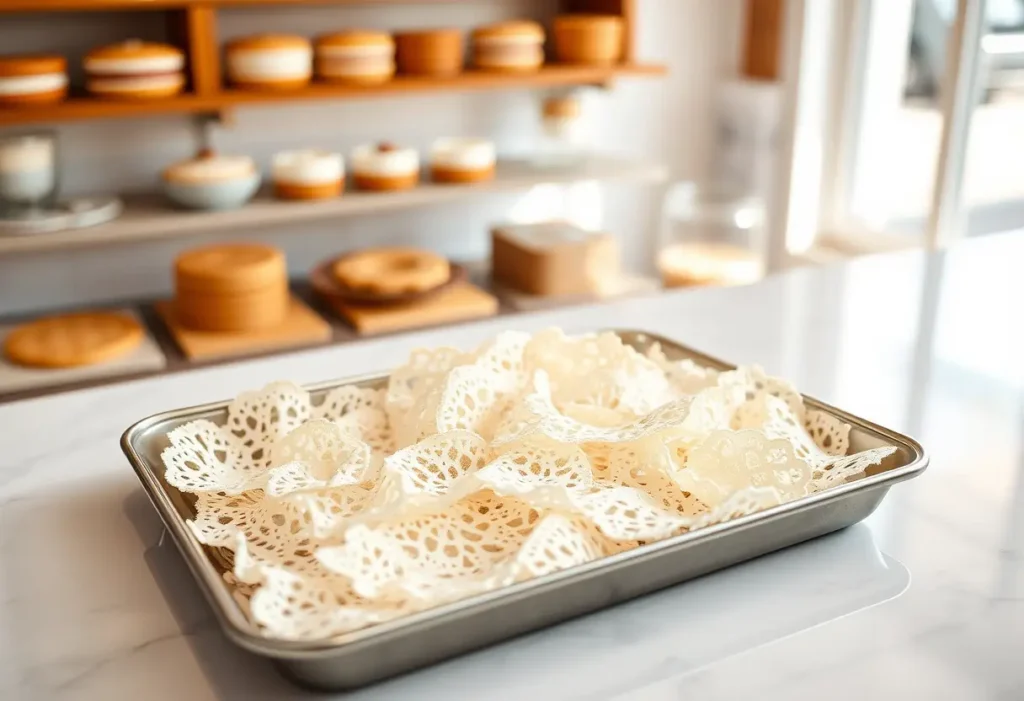 Un plateau contenant de la dentelle comestible se trouve sur un comptoir dans une boulangerie bien éclairée.