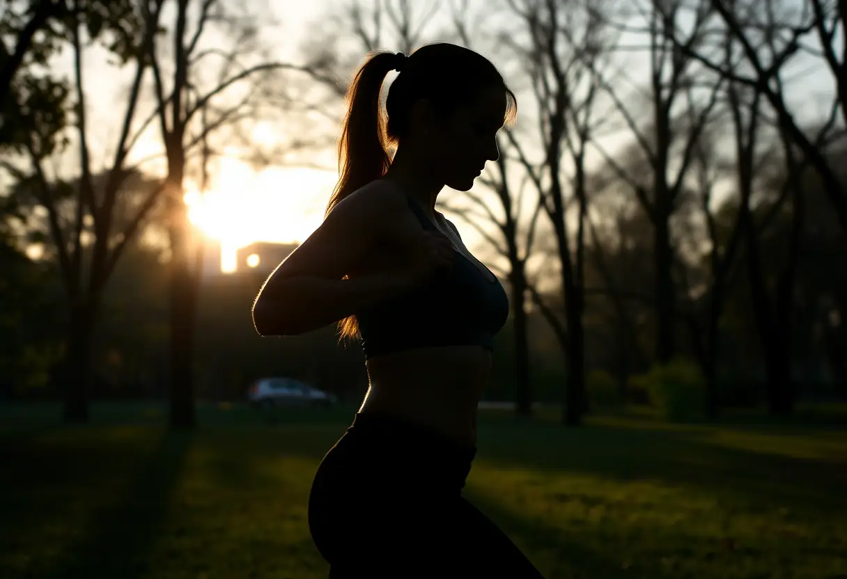 Femme faisant des exercices de tonification dans un parc, bien-être et acceptation de soi