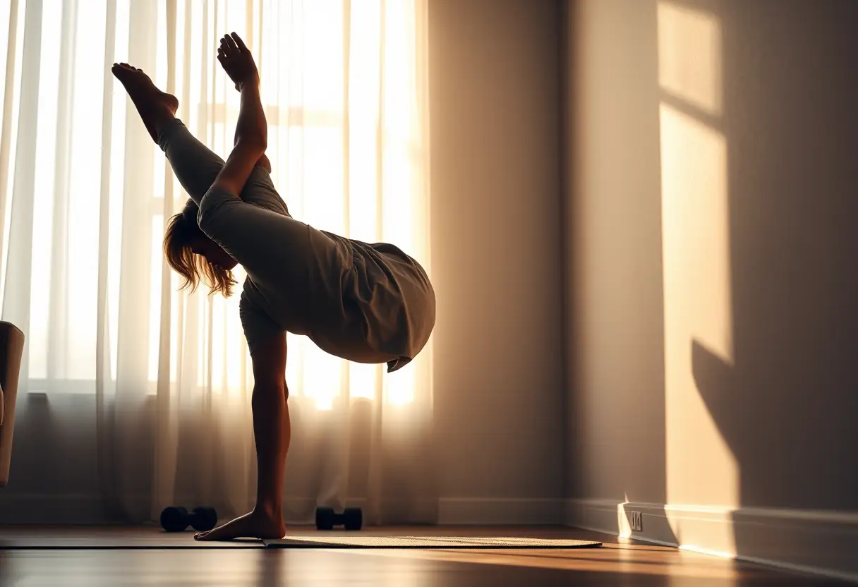 Silhouette d'une femme effectuant des pompes modifiées contre un mur dans un salon baigné de lumière solaire