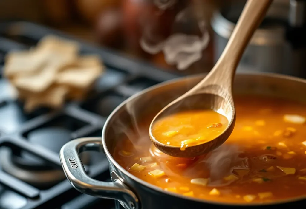 Cuillère en bois mélangeant une soupe nourrissante sur un fourneau, éclairée par une lumière chaleureuse