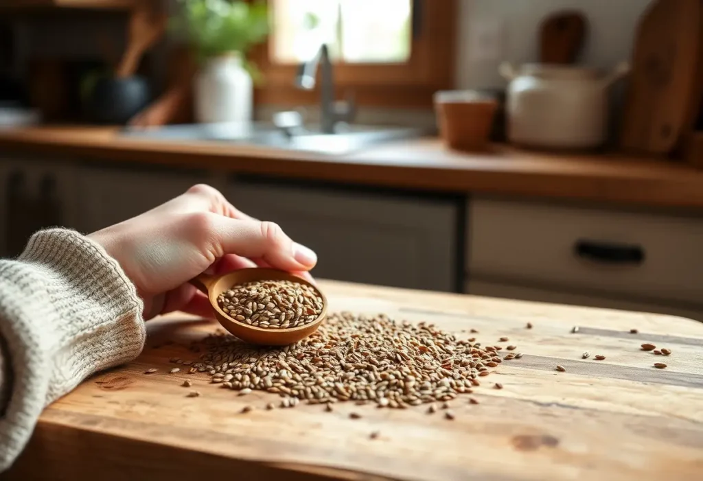 Une main féminine tient une cuillère en bois remplie de graines de lin sur un plan de travail en bois dans une cuisine chaleureuse
