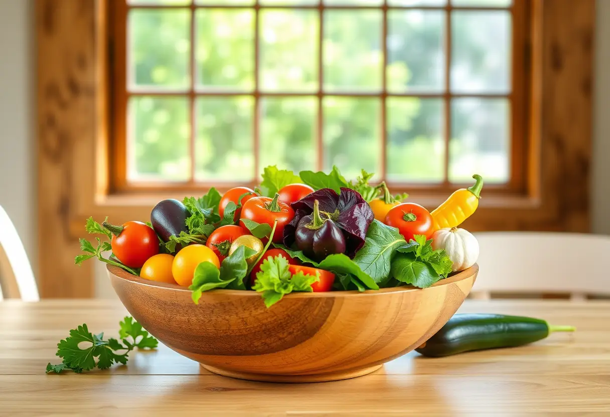 Un bol en bois rempli de légumes colorés sur une table de cuisine sous une grande fenêtre