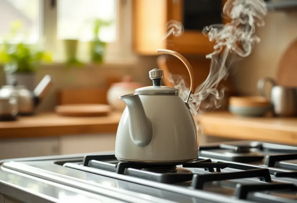 Une bouilloire en teck siffle sur la cuisinière, tandis que de la vapeur s’échappe.