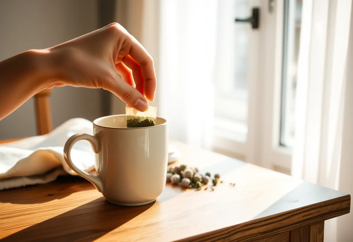 Une main posant une tasse de thé herbagère sur une table