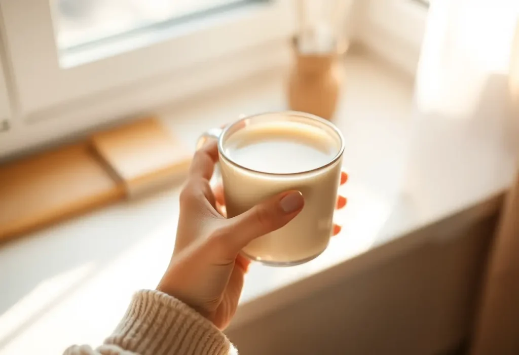 Une main tenant une tasse de lait de soja chaud, symbolisant la sérénité et la bien-être.