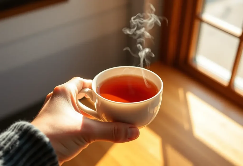 Une main tenant une tasse de thé chaude posée sur une table en bois, éclairée par la lumière du soleil.