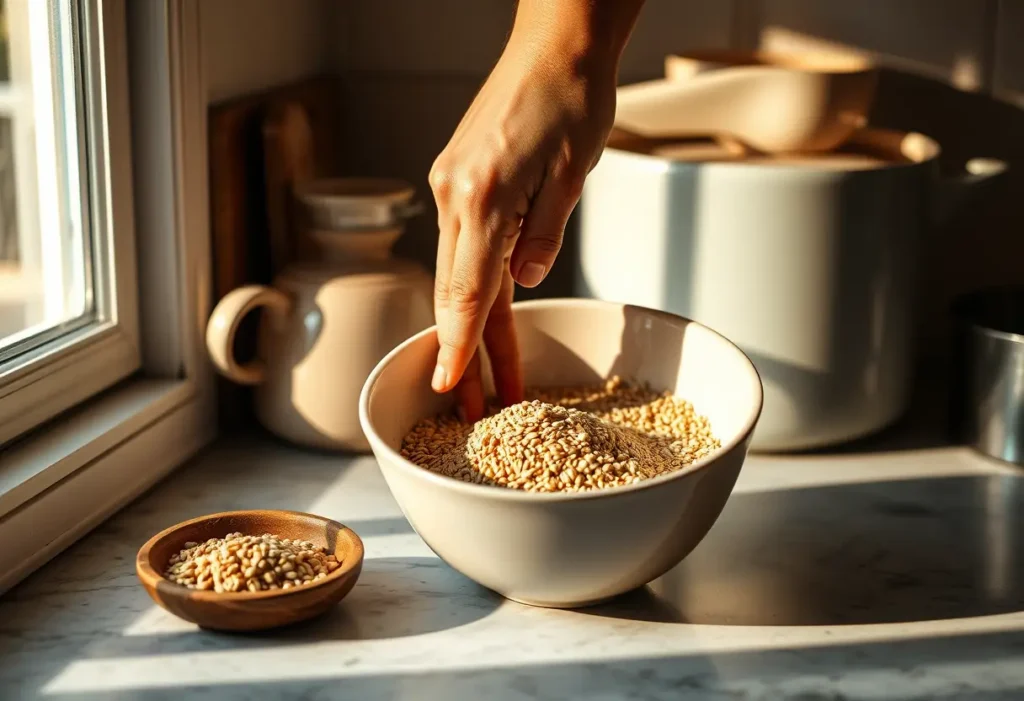 Une main qui mélange des graines de lin et de l'eau dans une cuisine accueillante, symbolisant les bienfaits des massages et des crèmes naturelles.