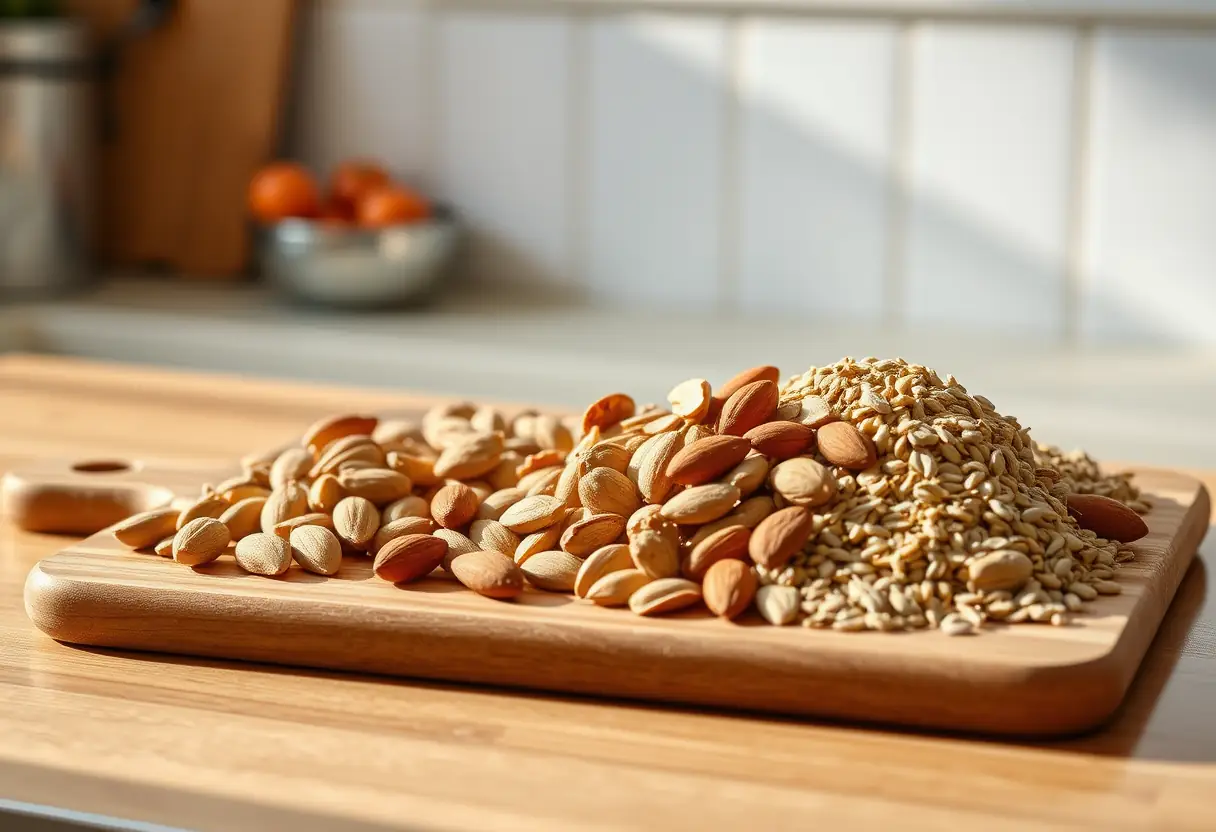 Un plateau de bois garni de noix et de graines, noix et lin, dans une cuisine. Les aliments sont présentés de manière naturelle et accueillante.