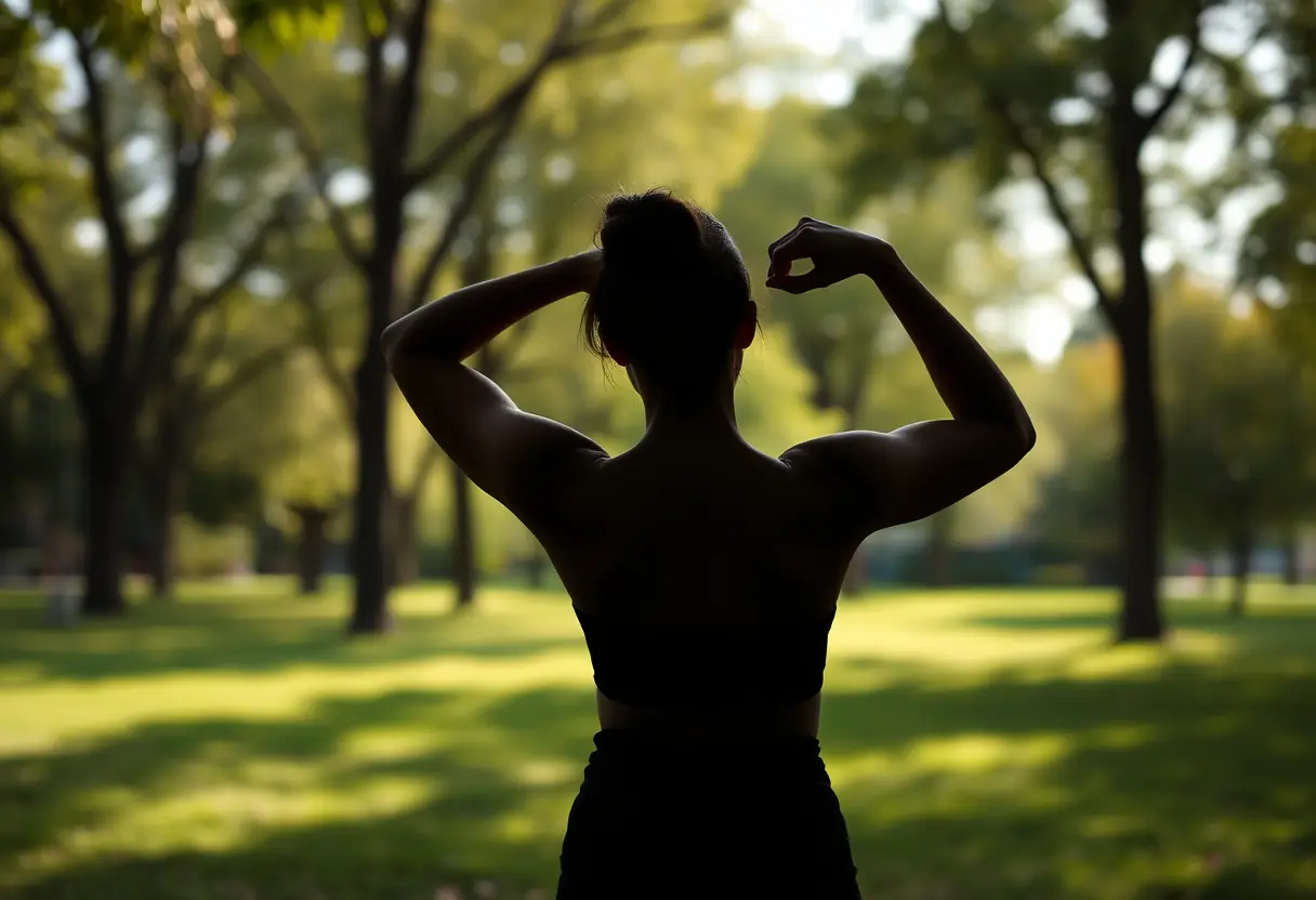 Une femme fait des exercices de musculation dans un parc, illustrant la pratique d'exercices ciblés pour une poitrine plus ferme et tonique.