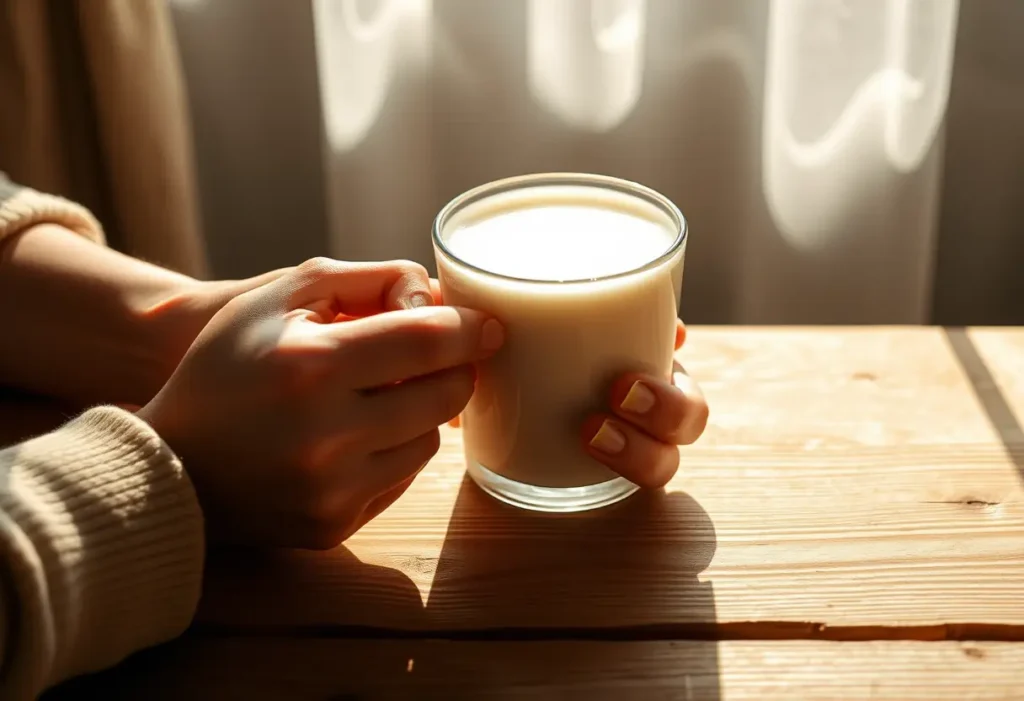 Une main féminine tenant une tasse de lait de soja sur une table en bois, représentant la nourriture et la croissance.