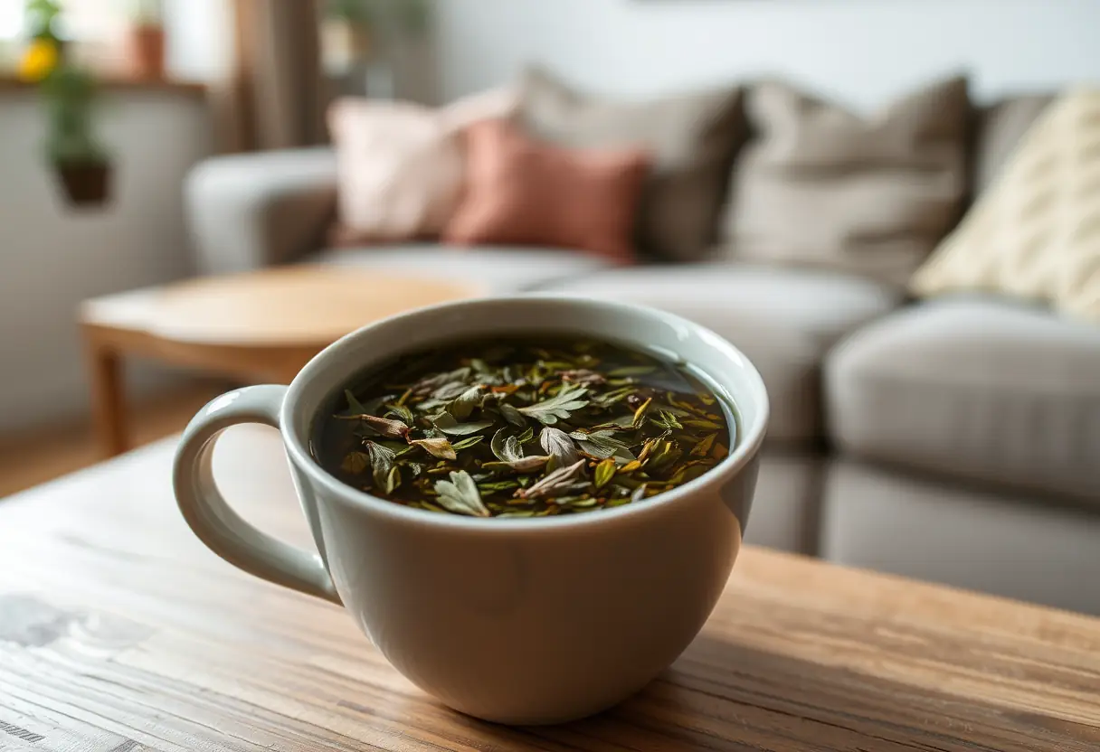 Un gros plan d'une tasse remplie de feuilles de thé aromatique posée sur une table en bois dans un salon accueillant, les feuilles légèrement agitées par un récent mélange