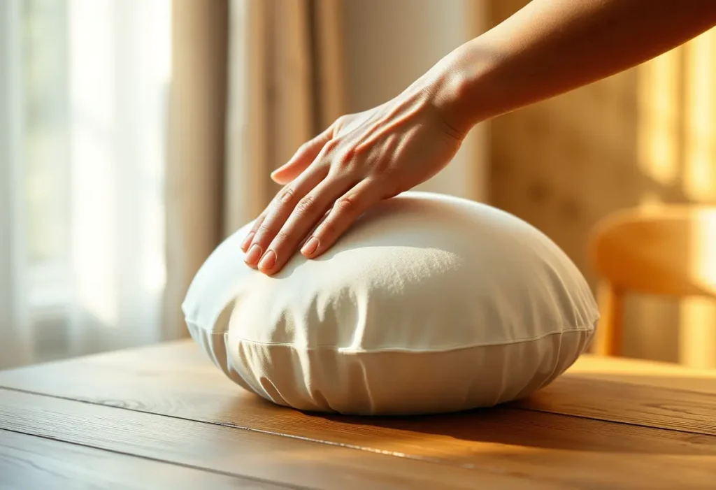 Mains massant doucement un coussin, symbolisant le soin personnel
