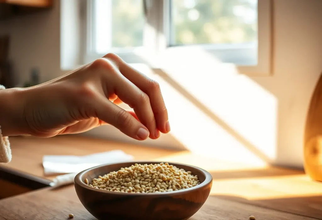 Main focus sur des graines de fenouil sur une table de cuisine
