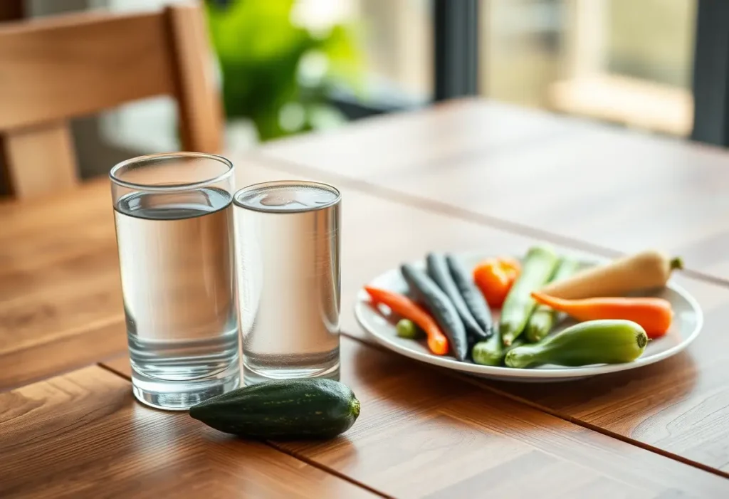 Un plateau de légumes frais et d'eau sur une table, illustrant une alimentation équilibrée et saine.