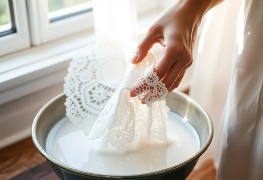 Des mains féminines plongent délicatement du dentelle blanche dans un bol d'eau tiède et de bicarbonate de soude