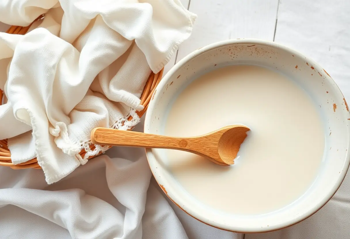 Un mélange de lait dans une grande casserole, près d'un panier de linge frais, illustrant la méthode traditionnelle d'une grand-mère