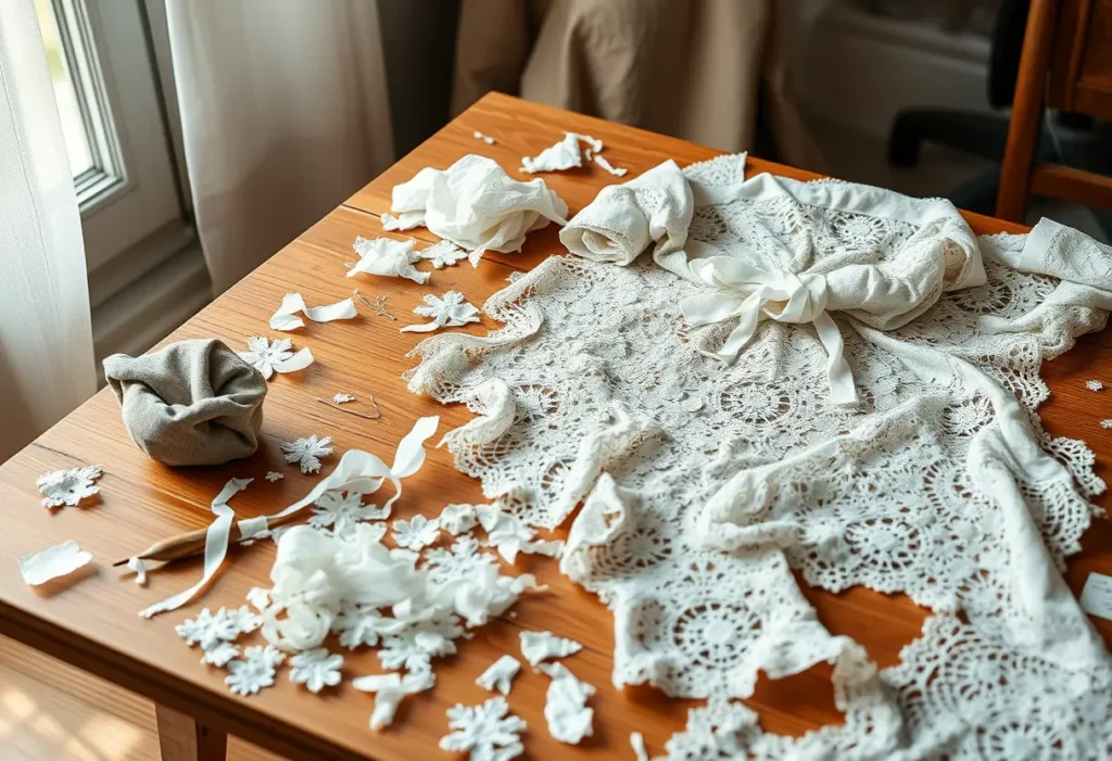 Un bureau de couture avec des échantillons de dentelle et de tissu, où l'on travaille à un abat-jour, lumière naturelle tamisée