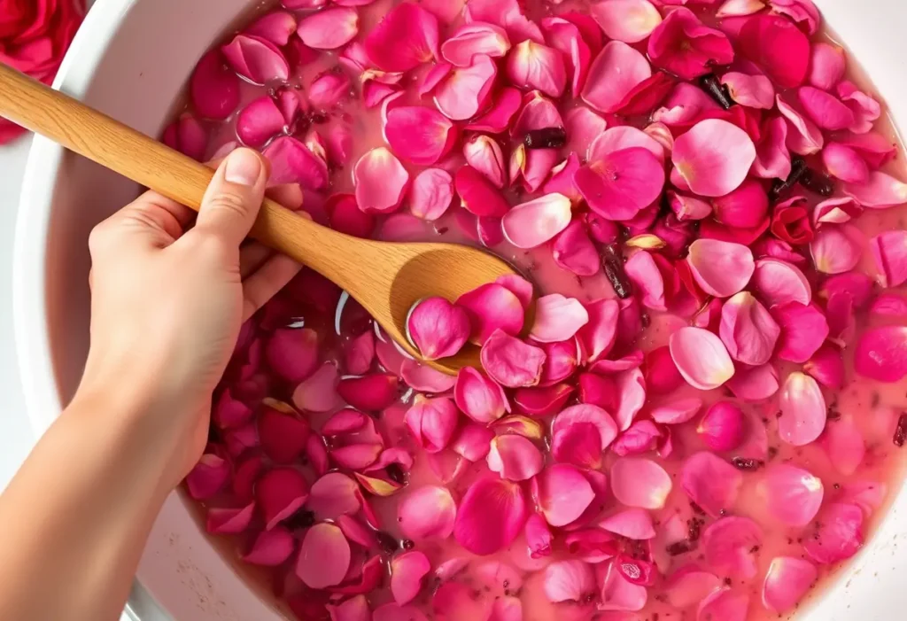 Mélange de pétales de roses et d'huiles essentielles pour un bain relaxant