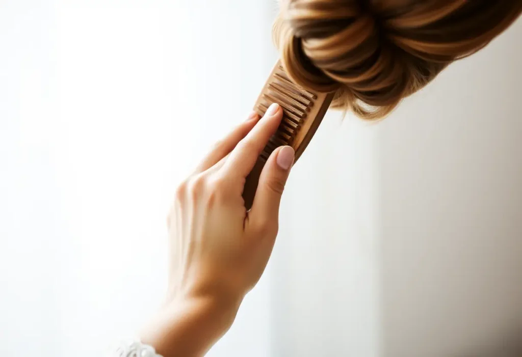 Une main féminine tient délicatement un pinceau à cheveux en bois, dans la préparation d'un chignon romantique.