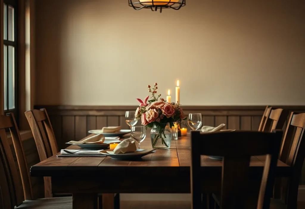 Un magnifique table de bois sous la douce lumière des bougies, ornée de fleurs fraîches pour un dîner romantique