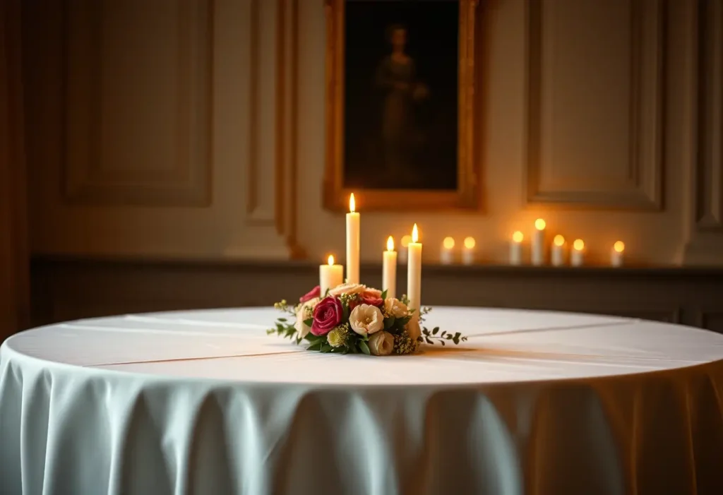 Table dressée avec une nappe blanche élégante et un petit bouquet de fleurs, éclairée par des bougies.