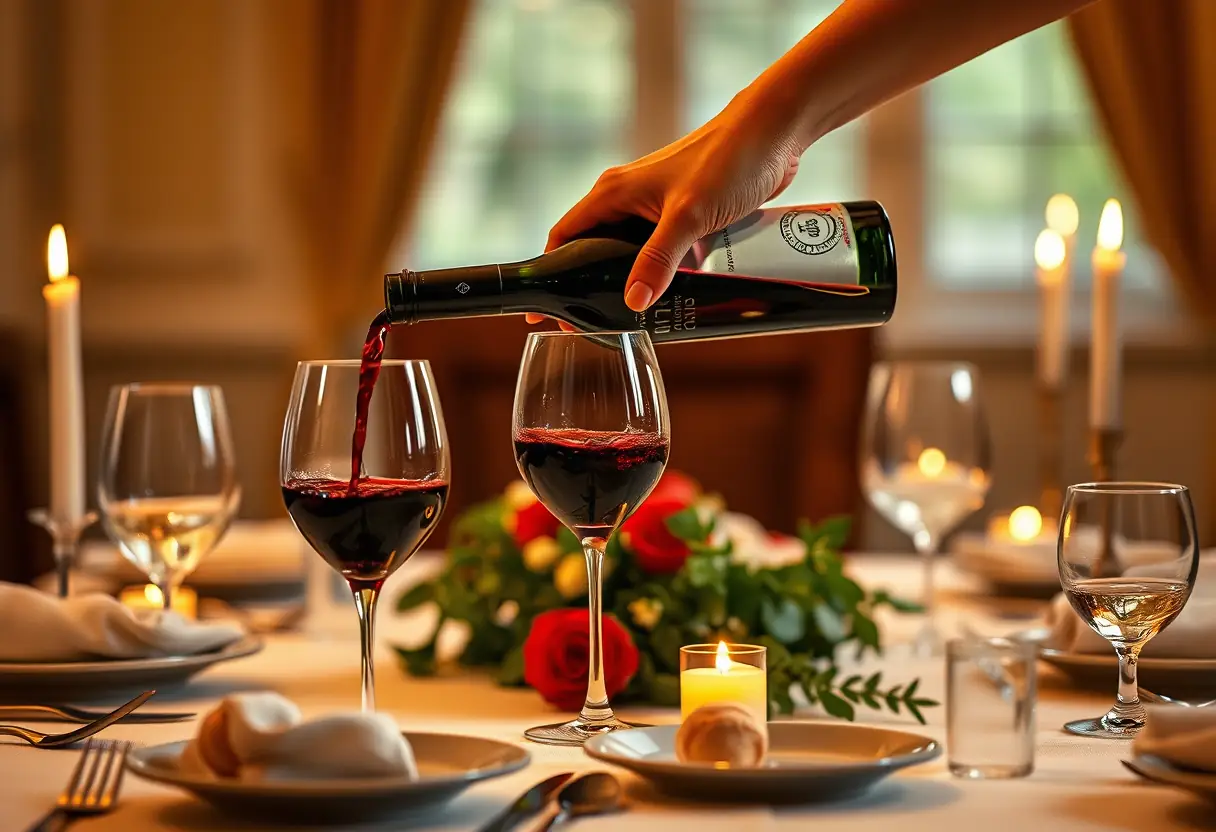 Main versant doucement du vin rouge dans deux verres sur une belle table dressée.