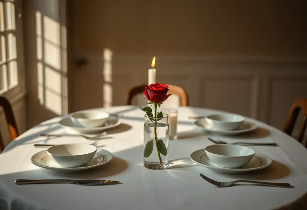 Tableau romantique avec assiettes blanches et bouquet de roses rouges, lumière douce