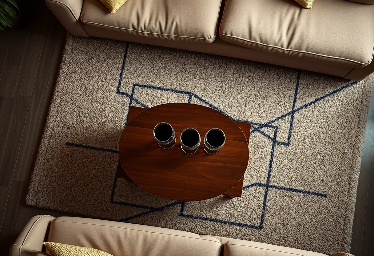 Pièce accueillante avec tapis moelleux et deux verres de vin rouge sur une table basse, éclairage doux