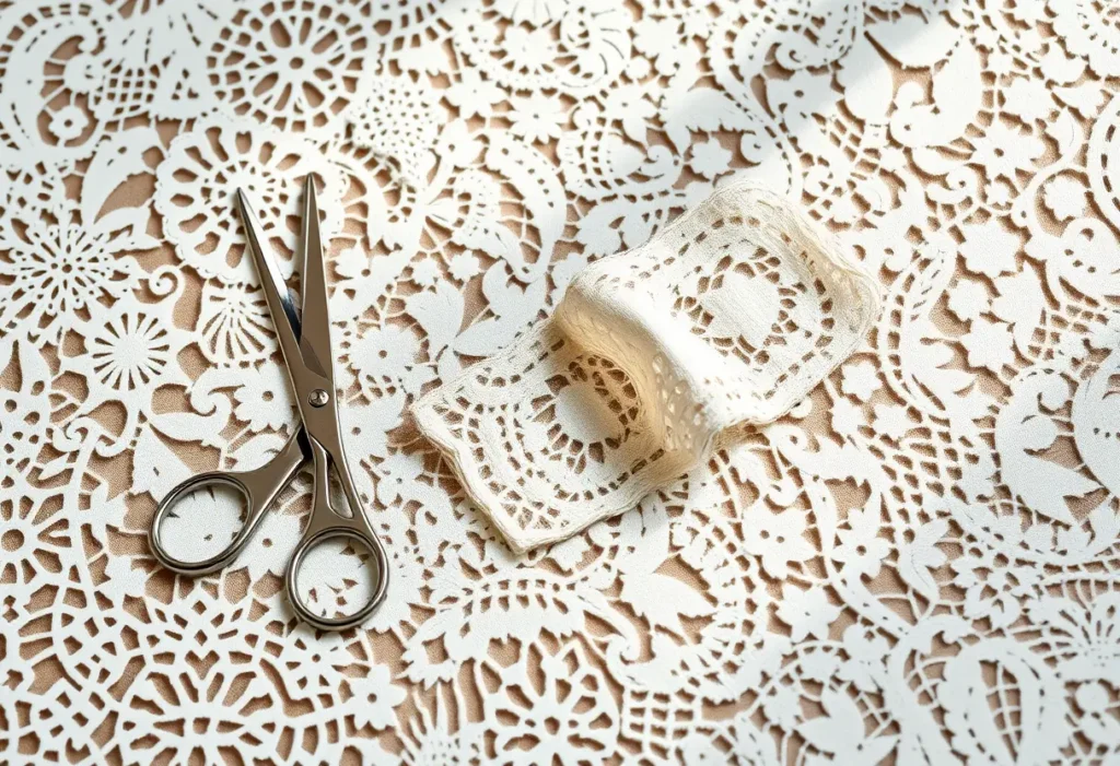 Un ciseau fin posé sur une table avec des morceaux de dentelles et un masque en cours de fabrication, illustrant l'élégance et la subtilité