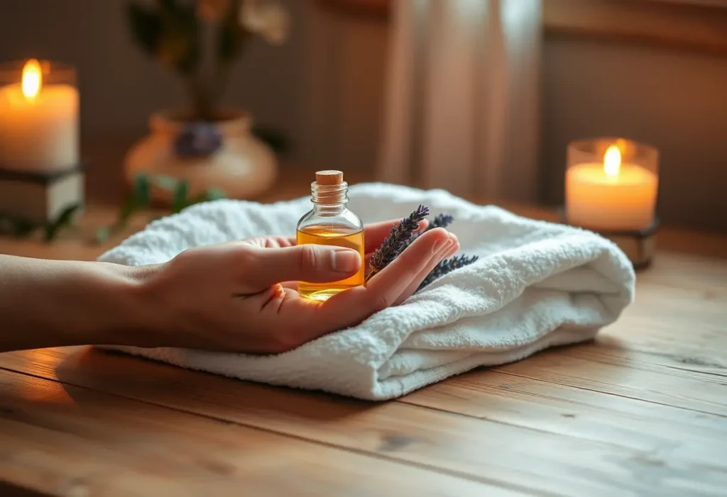 Une main tenant un petit flacon en verre contenant de l'huile parfumée à la lavande sur une serviette blanche