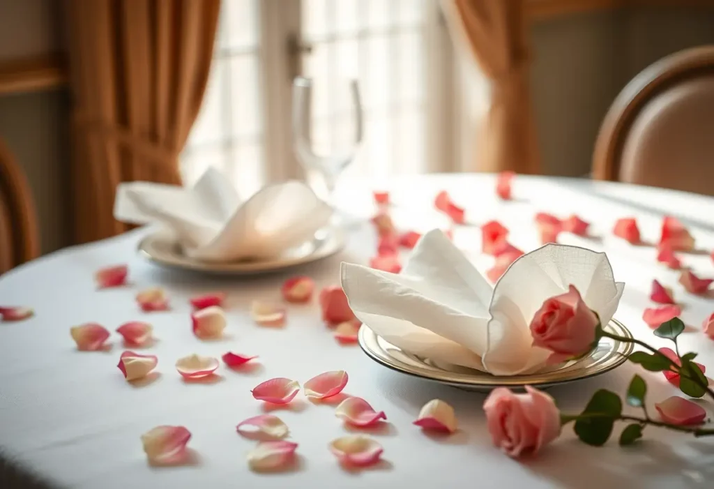 Table avec serviettes pliées et pétales de roses