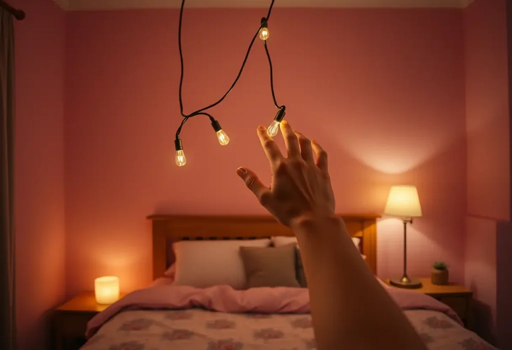 Une main ajuste les guirlandes lumineuses dans une chambre romantique aux murs roses