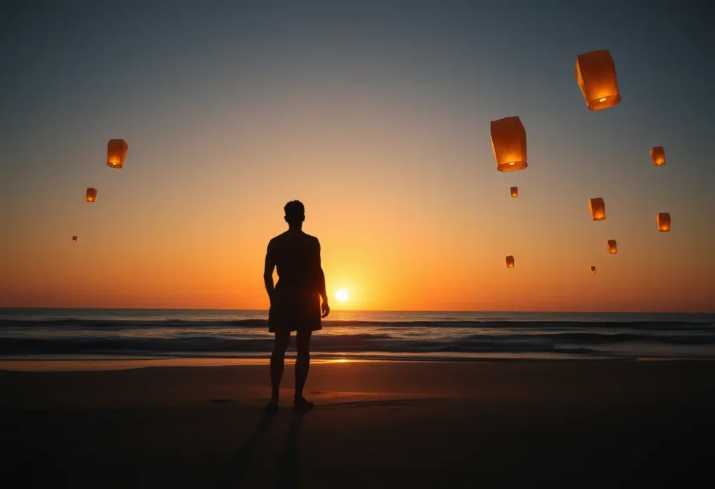 Un silhouetté se tient sur une plage sereine, le soleil couchant derrière lui, éclairant la scène avec des lumières tamisées et des lanternes flottantes.